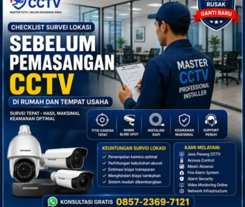 Checklist survei lokasi sebelum pemasangan CCTV di rumah dan tempat usaha oleh Master CCTV dengan teknisi profesional mengecek titik kamera dan kebutuhan instalasi.