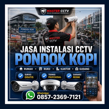 Jasa Instalasi CCTV Pondok Kopi Jakarta Timur untuk rumah, ruko, kantor, gudang, sekolah, dan area komersial dengan teknisi profesional Master CCTV serta survei gratis.