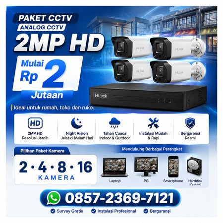 Paket CCTV Analog 2MP HD mulai Rp 2 jutaan untuk rumah, toko, dan ruko dengan pilihan 2, 4, 8, dan 16 kamera serta DVR berkualitas.