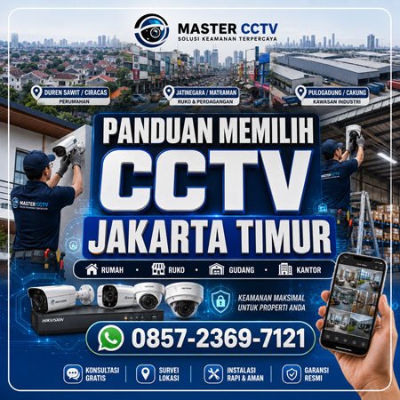 Panduan memilih CCTV untuk rumah, ruko, gudang, dan kantor di Jakarta Timur oleh Master CCTV dengan teknisi profesional, survei lokasi, dan solusi keamanan sesuai kondisi wilayah.