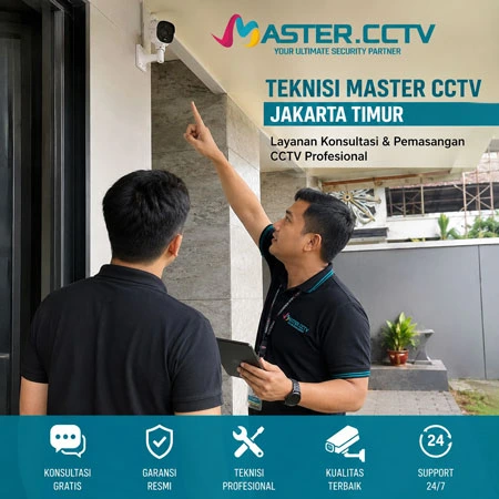 Teknisi Master CCTV Jakarta Timur sedang memberikan layanan konsultasi dan pemasangan CCTV profesional