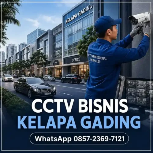 Teknisi CCTV profesional memasang kamera keamanan di ruko modern Kelapa Gading Jakarta Utara untuk sistem pengawasan bisnis