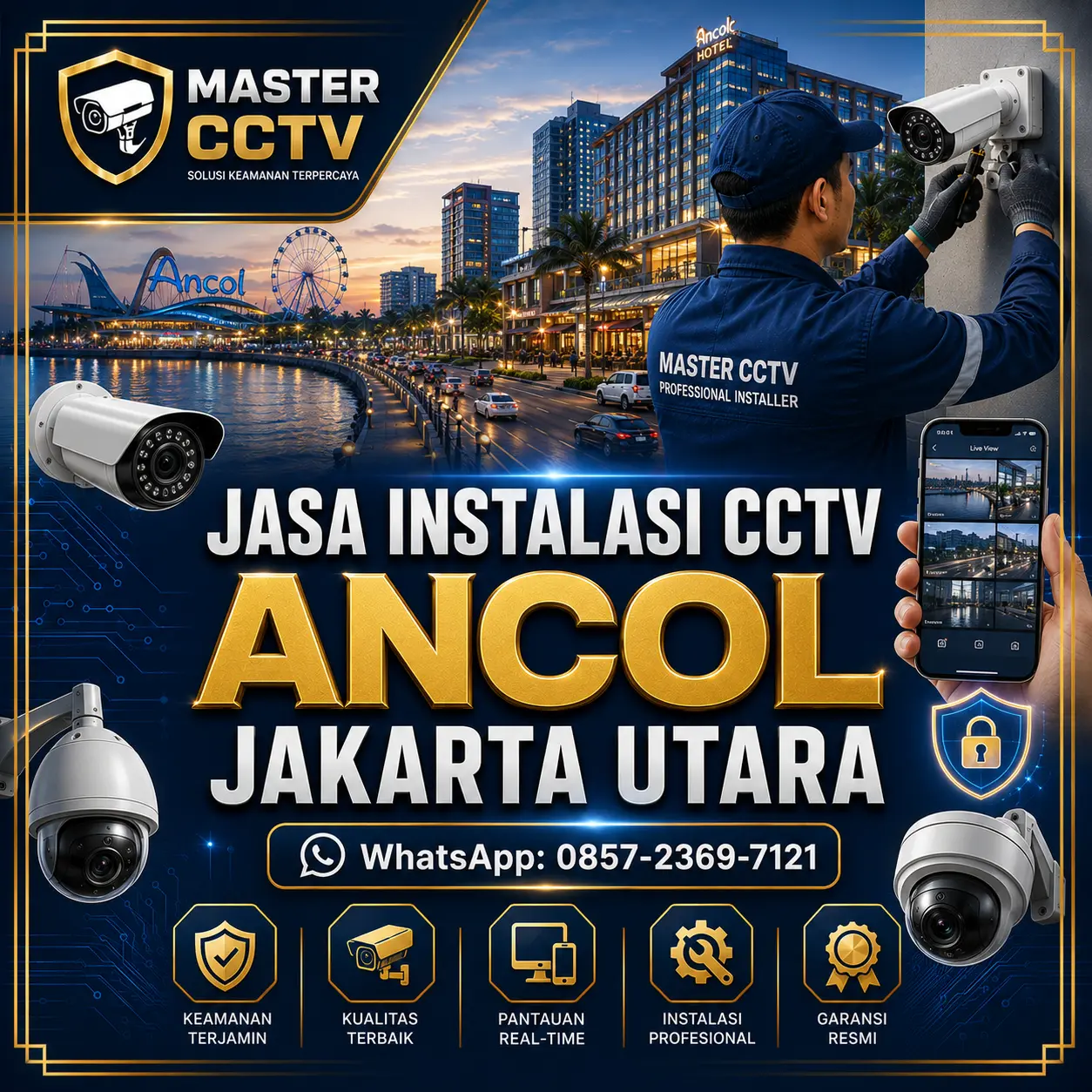 Jasa instalasi CCTV Ancol Jakarta Utara dengan teknisi profesional untuk hotel, restoran, bisnis, apartemen dan rumah menggunakan sistem kamera keamanan modern.