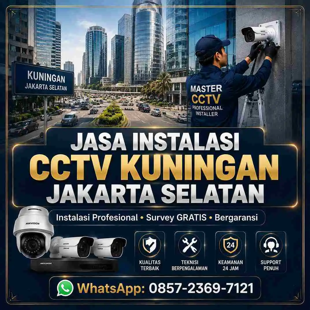 Teknisi Master CCTV memasang kamera CCTV profesional di kawasan Kuningan Jakarta Selatan untuk gedung perkantoran, apartemen, hotel, dan pusat bisnis dengan instalasi rapi serta bergaransi.