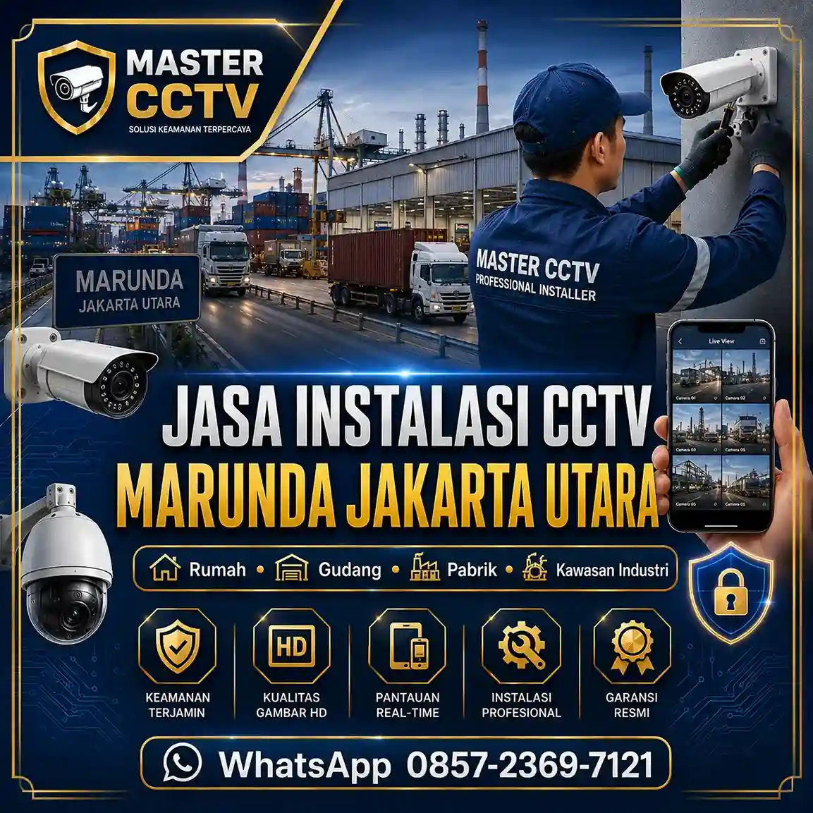 Jasa instalasi CCTV Marunda Jakarta Utara untuk rumah, gudang, pabrik, kawasan industri, dan kantor dengan teknisi profesional, instalasi rapi, monitoring online, serta garansi produk.