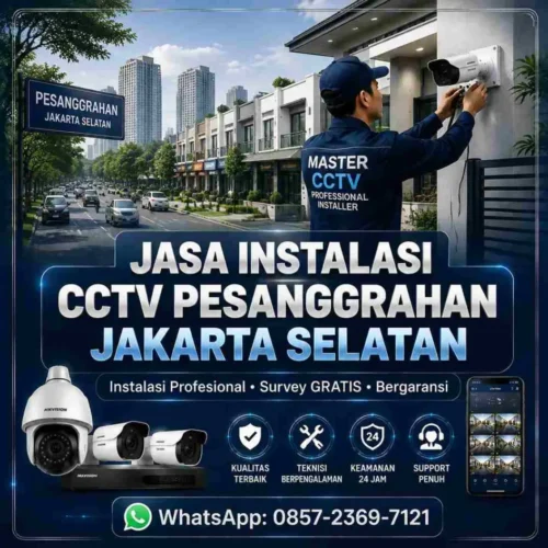 Teknisi Master CCTV memasang kamera CCTV di kawasan Pesanggrahan Jakarta Selatan dengan instalasi profesional, kabel rapi, monitoring online, dan garansi resmi.