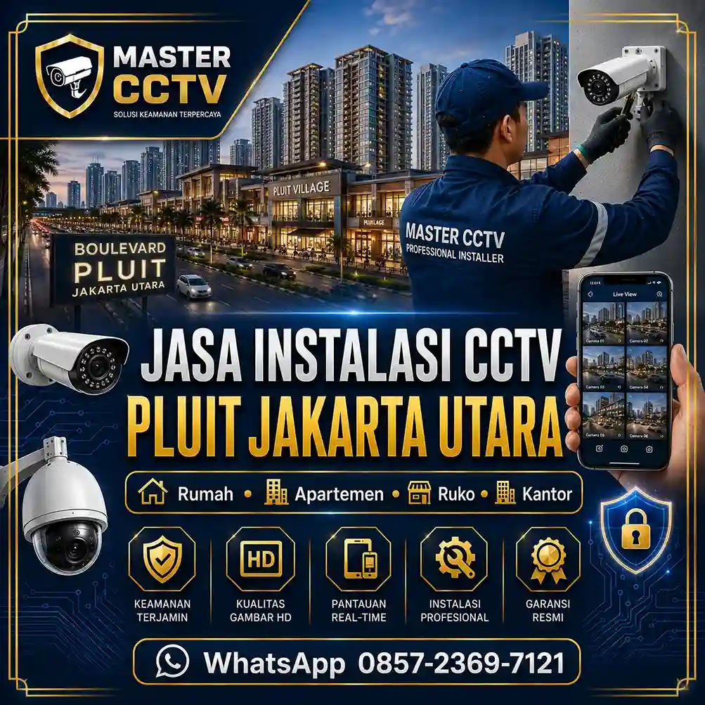 Jasa instalasi CCTV Pluit Jakarta Utara untuk rumah, apartemen, ruko, kantor, restoran, dan kawasan bisnis dengan teknisi profesional, instalasi rapi, monitoring online melalui smartphone, serta garansi produk resmi.