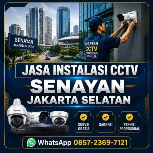 Teknisi Master CCTV melakukan instalasi kamera CCTV profesional di kawasan Senayan Jakarta Selatan untuk kantor, apartemen, rumah, dan area komersial dengan pemasangan rapi serta garansi resmi.