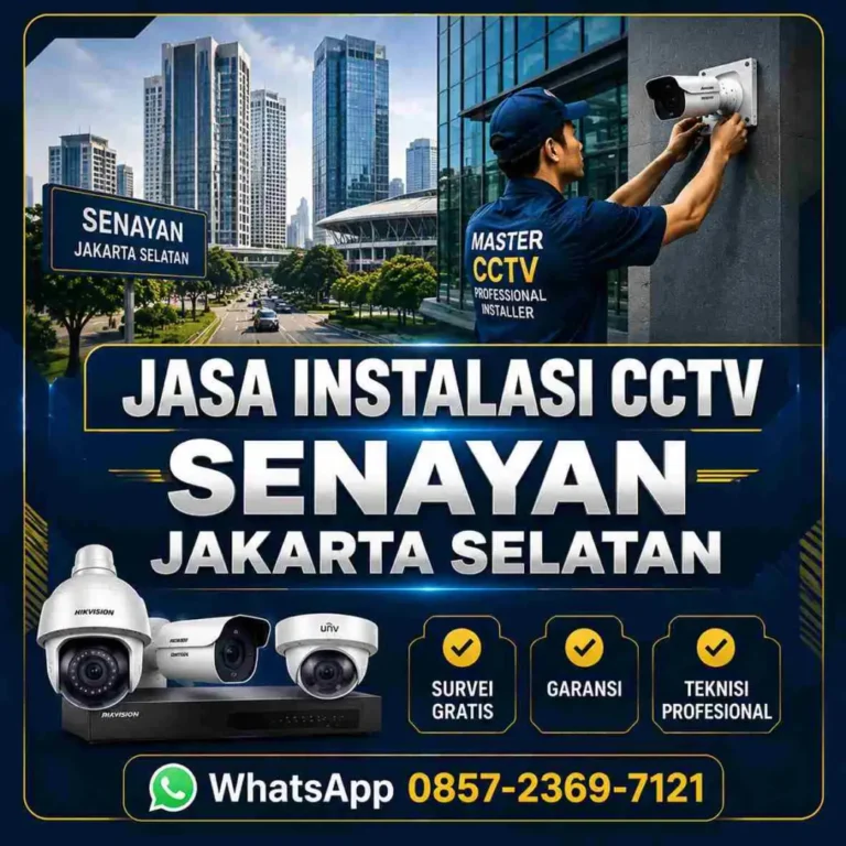 Teknisi Master CCTV melakukan instalasi kamera CCTV profesional di kawasan Senayan Jakarta Selatan untuk kantor, apartemen, rumah, dan area komersial dengan pemasangan rapi serta garansi resmi.