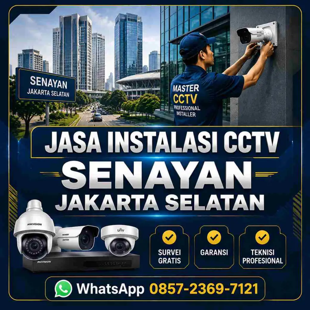 Teknisi Master CCTV melakukan instalasi kamera CCTV profesional di kawasan Senayan Jakarta Selatan untuk kantor, apartemen, rumah, dan area komersial dengan pemasangan rapi serta garansi resmi.