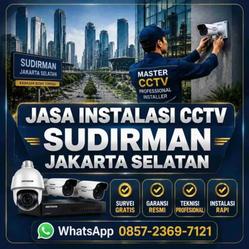 Teknisi Master CCTV melakukan instalasi kamera CCTV profesional di kawasan Sudirman Jakarta Selatan pada gedung perkantoran modern dengan pemasangan kabel rapi, garansi resmi, dan sistem monitoring online.