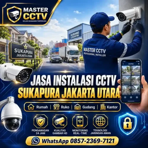 Jasa instalasi CCTV Sukapura Jakarta Utara untuk rumah, ruko, gudang, kantor, dan kawasan usaha dengan teknisi profesional, pemasangan kabel rapi, monitoring online melalui smartphone, serta garansi produk resmi.