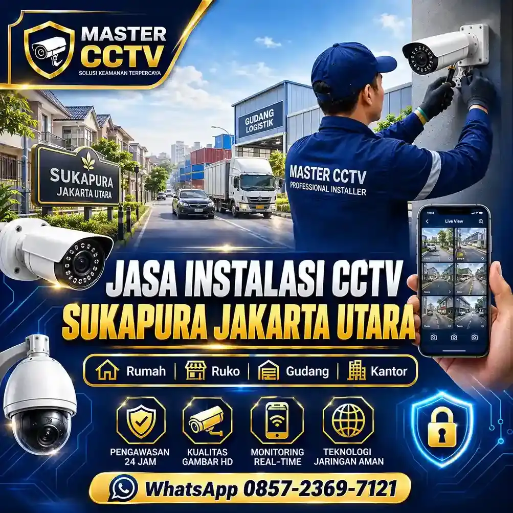 Jasa instalasi CCTV Sukapura Jakarta Utara untuk rumah, ruko, gudang, kantor, dan kawasan usaha dengan teknisi profesional, pemasangan kabel rapi, monitoring online melalui smartphone, serta garansi produk resmi.