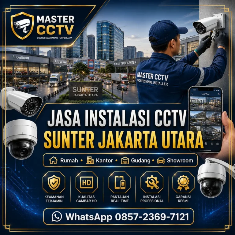 Jasa instalasi CCTV Sunter Jakarta Utara untuk rumah, kantor, gudang, showroom, dan kawasan bisnis dengan teknisi profesional, pemasangan rapi, serta sistem keamanan CCTV modern bergaransi.