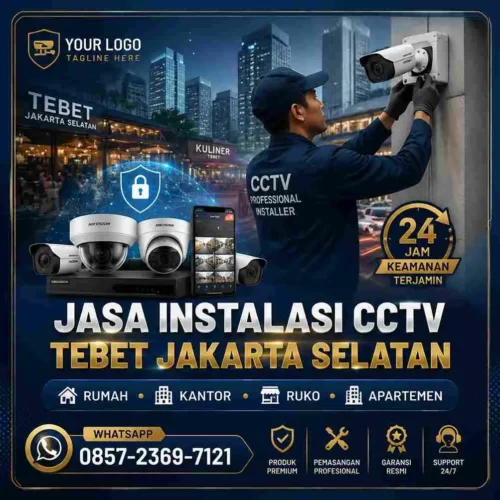 Jasa instalasi CCTV Tebet Jakarta Selatan untuk rumah, kantor, ruko, restoran, dan apartemen dengan teknisi profesional, pemasangan kabel rapi, monitoring online melalui smartphone, serta garansi produk resmi.