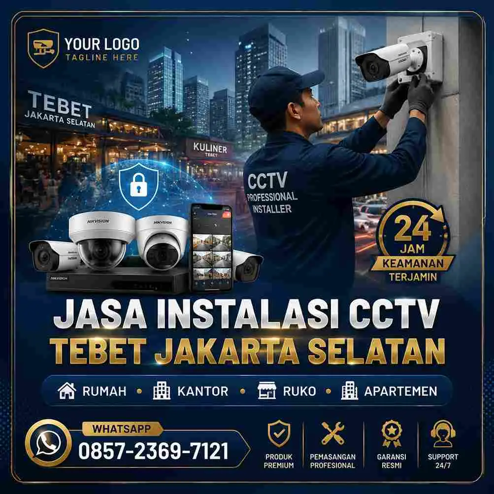 Jasa instalasi CCTV Tebet Jakarta Selatan untuk rumah, kantor, ruko, restoran, dan apartemen dengan teknisi profesional, pemasangan kabel rapi, monitoring online melalui smartphone, serta garansi produk resmi.