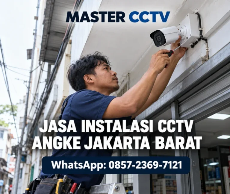 Teknisi Master CCTV memasang kamera bullet di pintu masuk bangunan usaha di Angke Jakarta Barat