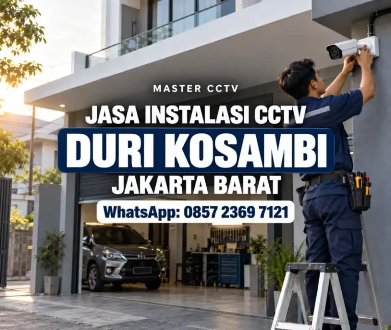 Teknisi Master CCTV memasang kamera CCTV pada fasad rumah sekaligus tempat usaha di Duri Kosambi Jakarta Barat dengan layanan konsultasi WhatsApp 0857-2369-7121.