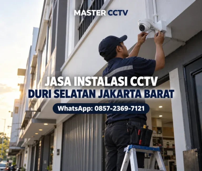 Teknisi Master CCTV memasang kamera turret pada dinding luar ruko dua lantai di Duri Selatan Jakarta Barat