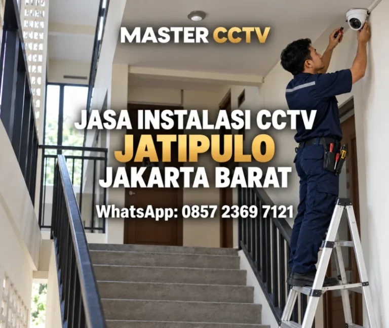 Teknisi Master CCTV memasang kamera CCTV turret di bordes tangga bangunan kos untuk jasa instalasi CCTV Jatipulo Jakarta Barat.