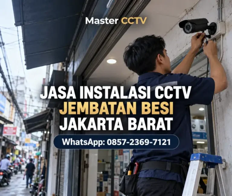 Teknisi Master CCTV memasang kamera CCTV pada pintu masuk toko di Jembatan Besi Jakarta Barat