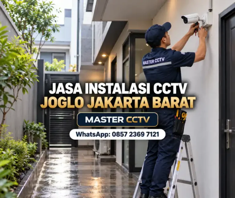 Teknisi Master CCTV memasang kamera CCTV bullet di lorong servis rumah untuk jasa instalasi CCTV Joglo Jakarta Barat.