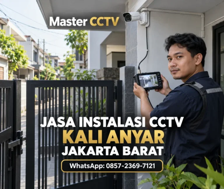 Teknisi Master CCTV menguji kamera CCTV di area pagar rumah Kali Anyar Jakarta Barat