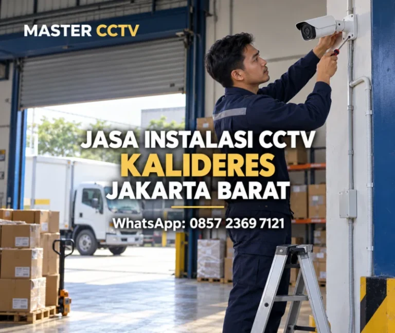 Teknisi Master CCTV memasang kamera bullet di area penerimaan barang gudang untuk jasa instalasi CCTV Kalideres Jakarta Barat.