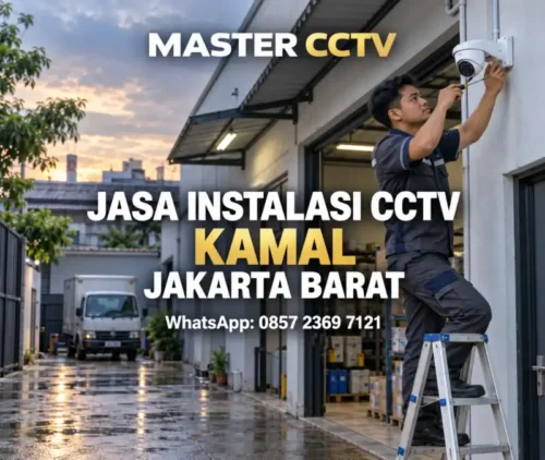 Teknisi Master CCTV memasang kamera turret pada dinding ruang penyimpanan barang untuk jasa instalasi CCTV Kamal Jakarta Barat.