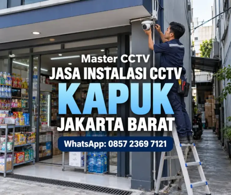 Teknisi Master CCTV memasang kamera CCTV di toko dengan akses gang samping di Kapuk Jakarta Barat, layanan instalasi CCTV dengan konsultasi WhatsApp 0857 2369 7121.