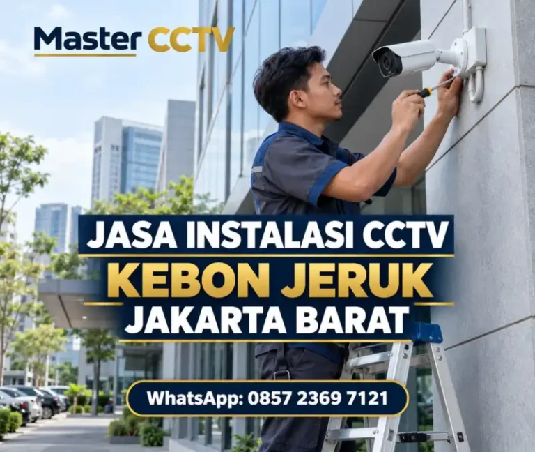 Teknisi Master CCTV memasang kamera CCTV bullet pada gedung kantor untuk layanan jasa instalasi CCTV Kebon Jeruk Jakarta Barat.