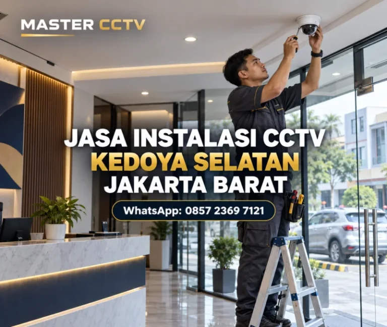 Teknisi Master CCTV memasang kamera dome di area penerimaan ruko untuk layanan jasa instalasi CCTV Kedoya Selatan Jakarta Barat.