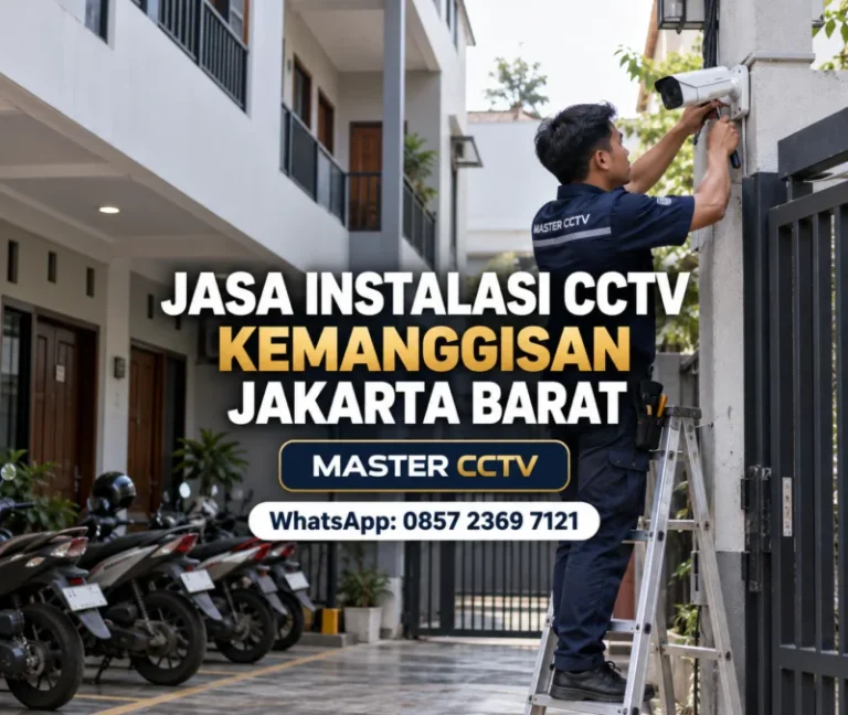 Teknisi Master CCTV memasang kamera CCTV bullet di area parkir bersama bangunan kos untuk jasa instalasi CCTV Kemanggisan Jakarta Barat.