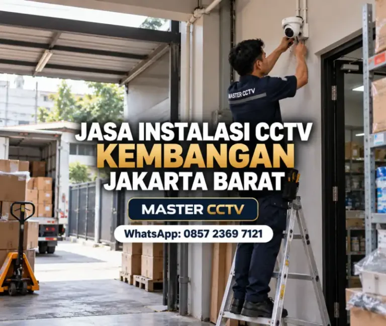 Teknisi Master CCTV memasang kamera CCTV turret di area penerimaan barang usaha untuk jasa instalasi CCTV Kembangan Jakarta Barat.