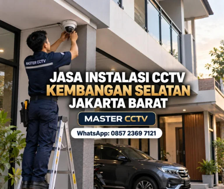 Teknisi Master CCTV memasang kamera CCTV dome di carport rumah modern untuk jasa instalasi CCTV Kembangan Selatan Jakarta Barat.