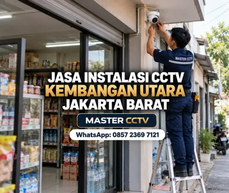 Teknisi Master CCTV memasang kamera CCTV turret di bagian luar toko untuk jasa instalasi CCTV Kembangan Utara Jakarta Barat.
