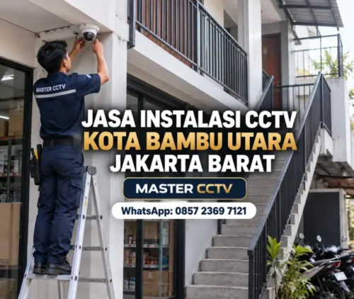 Teknisi Master CCTV memasang kamera CCTV dome di dekat akses tangga bangunan bertingkat untuk jasa instalasi CCTV Kota Bambu Utara Jakarta Barat.