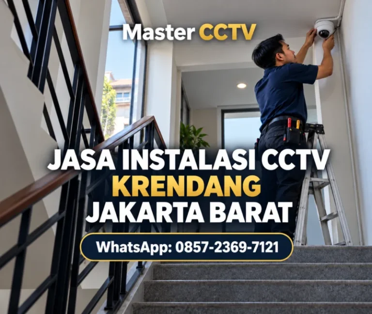 Teknisi Master CCTV memasang kamera dome di area tangga ruko bertingkat di Krendang Jakarta Barat