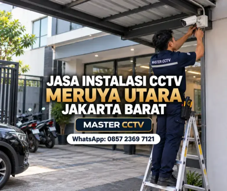 Teknisi Master CCTV memasang kamera CCTV bullet di area halaman usaha untuk jasa instalasi CCTV Meruya Utara Jakarta Barat.