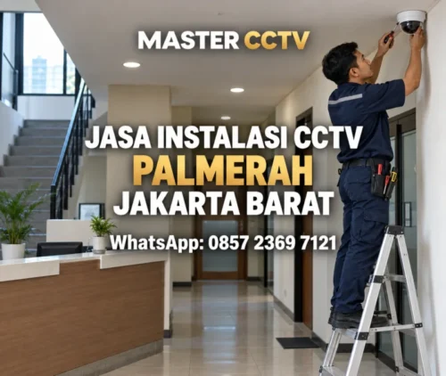Teknisi Master CCTV memasang kamera dome di koridor kantor untuk jasa instalasi CCTV Palmerah Jakarta Barat.