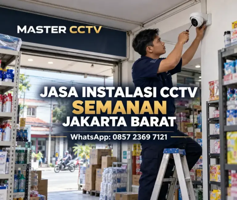 Teknisi Master CCTV memasang kamera CCTV turret di area penerimaan barang toko untuk jasa instalasi CCTV Semanan Jakarta Barat.
