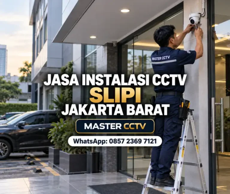 Teknisi Master CCTV memasang kamera CCTV turret di pintu masuk kantor komersial untuk jasa instalasi CCTV Slipi Jakarta Barat.