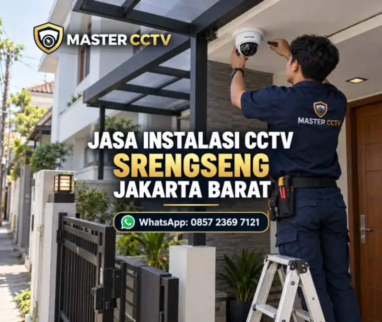 Teknisi Master CCTV memasang kamera CCTV dome pada teras rumah untuk jasa instalasi CCTV Srengseng Jakarta Barat.