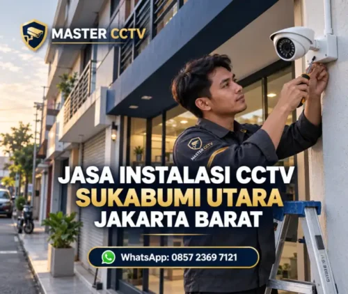 Teknisi Master CCTV memasang kamera turret pada dinding ruko untuk jasa instalasi CCTV Sukabumi Utara Jakarta Barat.