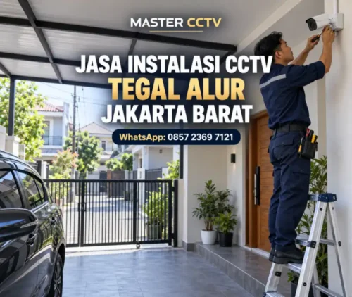 Teknisi Master CCTV memasang kamera CCTV bullet di area carport rumah untuk jasa instalasi CCTV Tegal Alur Jakarta Barat.